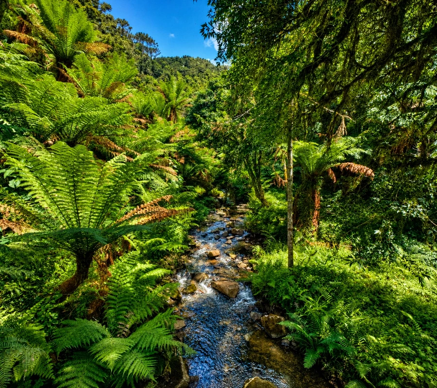Riacho entre samambaias e mata verde